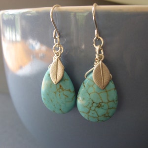 Turquoise Drop and Leaf Dangle Earrings, Everyday Casual image 1