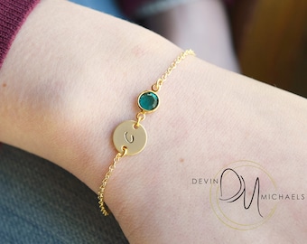 Gold Birthstone & Initial Bracelet, Personalized Disc Bracelet, Initial Bracelet, Birthstone Bracelet