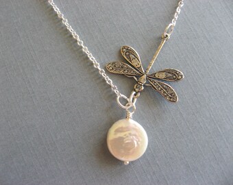 Silver Dragonfly and Pearl Lariat Necklace, Nature Lover Necklace