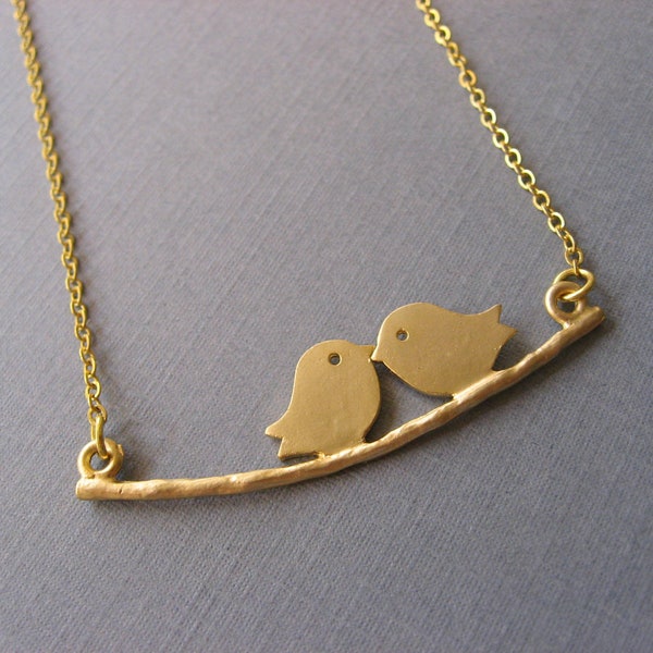 Two Little Love Bird Necklace in Gold, Anniversary gifts, bridesmaid, sisters, best friends