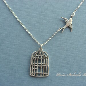 Mothers Day Silver Birdcage Necklace With Free Flying Sparrow Necklace image 2