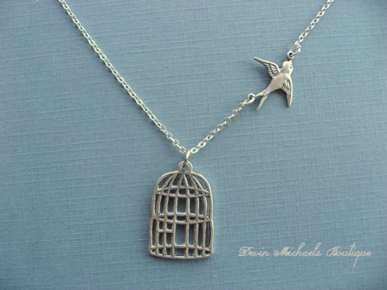 Mothers Day Silver Birdcage Necklace With Free Flying Sparrow Necklace image 2