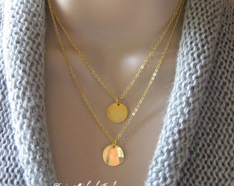 Gold Disc Necklace, Multi Strand Layering Necklace