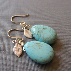 Turquoise Drop and Leaf Dangle Earrings, Everyday Casual image 2