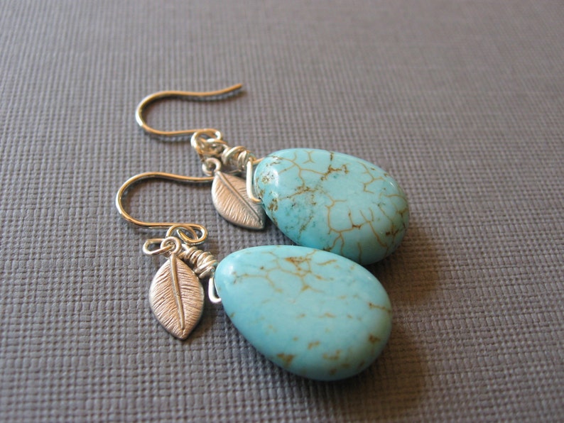 Turquoise Drop and Leaf Dangle Earrings, Everyday Casual image 2