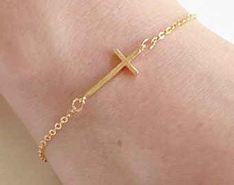 Dainty Cross Bracelet, Sideways Cross Bracelet for Women, Gold Cross Bracelet, Baptism Gift,  Religious Jewelry, Confirmation Gift for Her