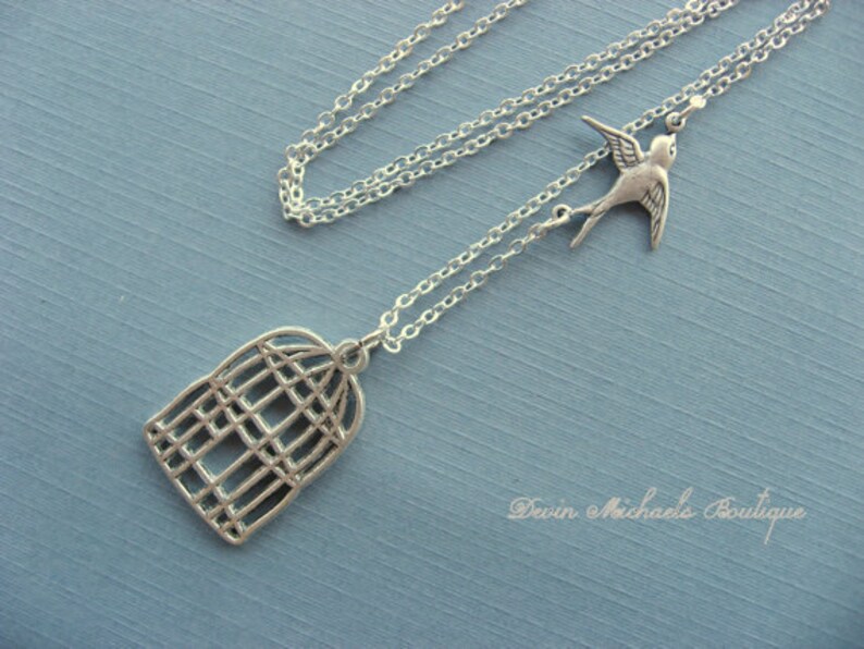 Mothers Day Silver Birdcage Necklace With Free Flying Sparrow Necklace image 3