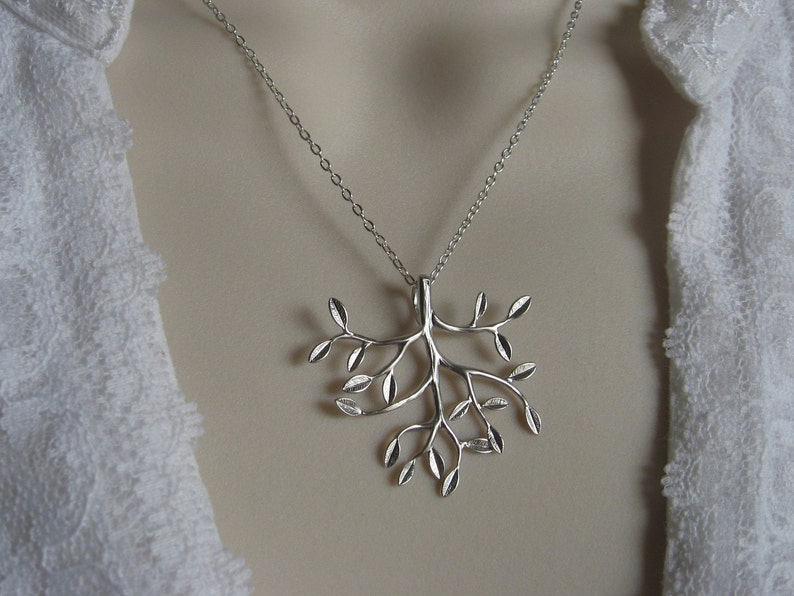 Tree Pendant, Silver Tree Necklace, Leafy Branch Necklace in Silver image 3