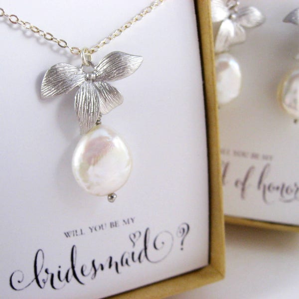 Orchid Necklace, Flower with Pearl Drop, Bridesmaid Proposal, Wedding Jewelry, Bridesmaid Gifts, Will you be my Bridesmaid Bridesmaid gift