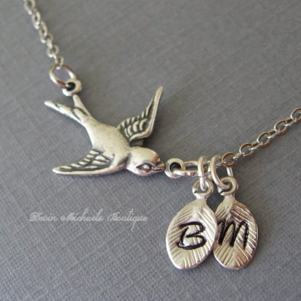 Personalized Bird Necklace, Mother's Necklace, Silver Sparrow Necklace, Bird Pendant,  you choose number of initials