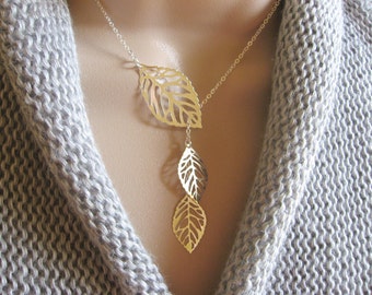 Silver Leaf Necklace, Lariat Necklace, Three Leaf Pendant Necklace, Silver Jewelry