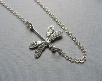 Silver Dragonfly Necklace, Layering Necklace, Minimalist Necklace