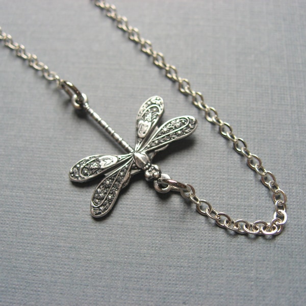 Silver Dragonfly Necklace, Layering Necklace, Minimalist Necklace