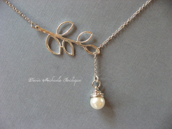 Leaf Branch Lariat Necklace With Pearl Necklace Everyday - Etsy