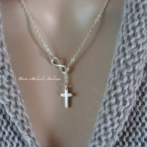Tiny Infinity and Cross Lariat Necklace, Silver Cross Necklace, Baptism Necklace