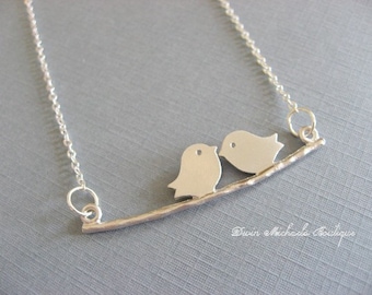 Two Little Love Bird Necklace, Kissing Birds on Branch Necklace, Anniversary Gift