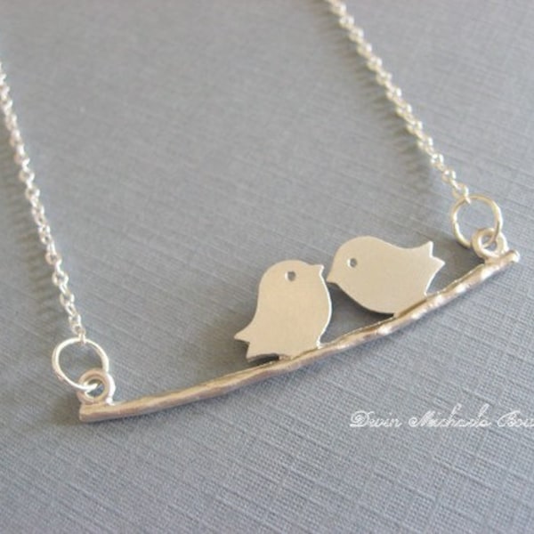 Two Little Love Bird Necklace, Kissing Birds on Branch Necklace, Anniversary Gift