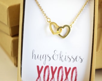 Two Hearts Necklace, Valentine's Day Necklace, Double Heart Love Necklace, Connected Hearts Necklace, Gift for Her, Gifts under 20