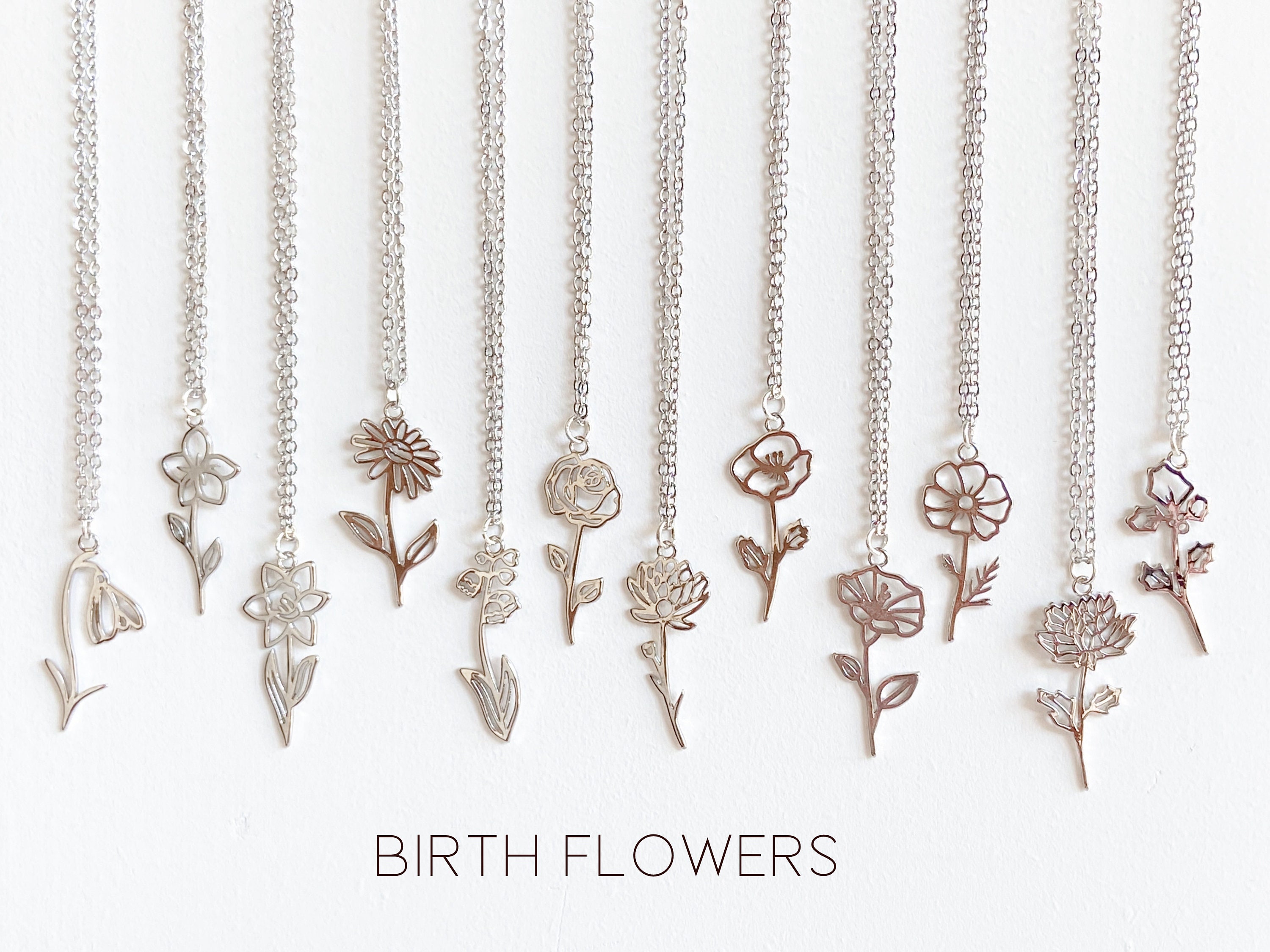 Silver Birth Flower Necklace Birth Month Necklace for Mom