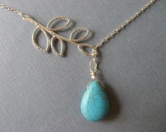 Turquoise Lariat Necklace, Turquoise Leaf Necklace, Turquoise Jewelry