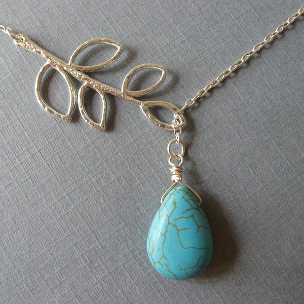 Turquoise Lariat Necklace, Turquoise Leaf Necklace, Turquoise Jewelry