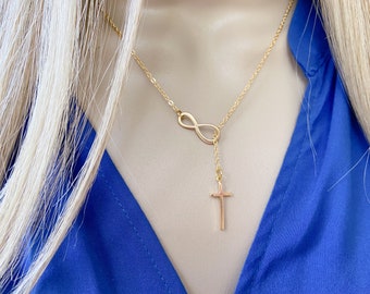 Gold Infinity and Cross Lariat Necklace, Infinity Necklace, Baptism Gift, Religious Jewelry, Communion Gift, Gold Cross Necklace