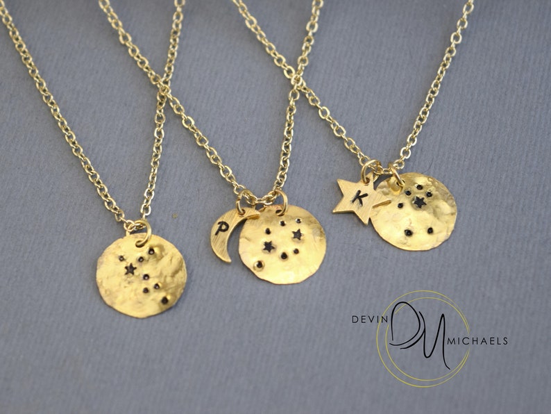 Personalized Zodiac Jewelry, Gold Constellation Necklace, Celestial Jewelry, Astrology Necklace, Stamped Disc Necklace image 1