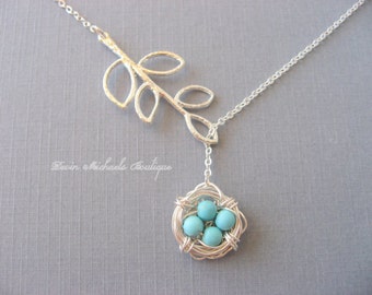 Mothers Day Necklace, Silver Bird Nest Necklace, Silver Lariat Branch Necklace, Turquoise Necklace, Silver Jewelry