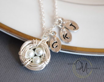 Personalized Bird Nest Necklace with Stamped Initials, Silver Mothers Necklace, Pearl Egg Birds Nest Necklace, Mothers Day Gift