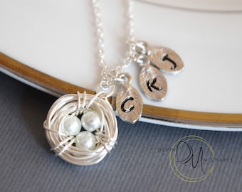 Personalized Bird Nest Necklace with Stamped Initials, Silver Mothers Necklace, Pearl Egg Birds Nest Necklace, Mothers Day Gift