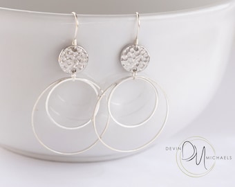 Silver Circle Earrings, Geometric Earrings, Dangle Hoop Earrings, Gift For Her