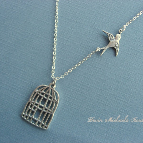 Graduation Necklace, Be Free Bird Necklace, Cage pendant, Bird Pendant Necklace, Silver Bird Cage Necklace, Silver Jewelry