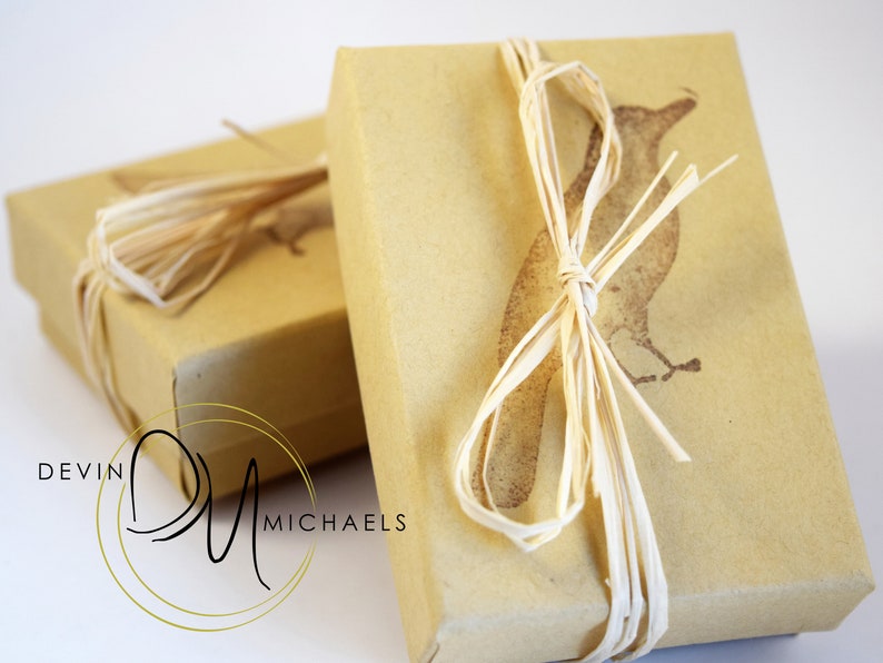 May include: Two brown gift boxes tied with natural twine. The top box has a brown bird illustration and the text "Devin Michaels".