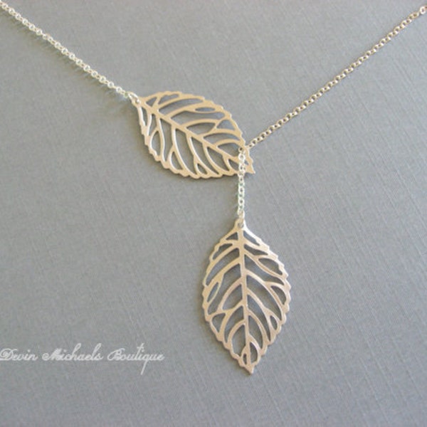 Silver Leaf Necklace, Lariat Necklace, Leaf Pendant, Christmas Gifts
