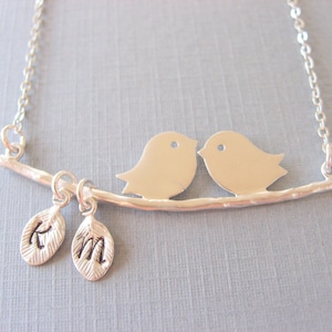 Personalized Bird on Branch Necklace, Silver Love Bird Necklace with Initials, Monogram Bird Necklace, Gift for Mom, Anniversary Gift