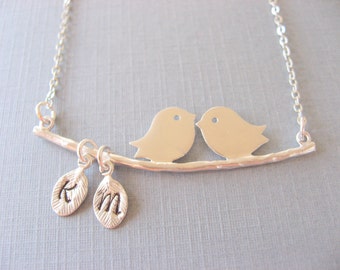 Personalized Bird on Branch Necklace, Silver Love Bird Necklace with Initials, Monogram Bird Necklace, Gift for Mom, Anniversary Gift
