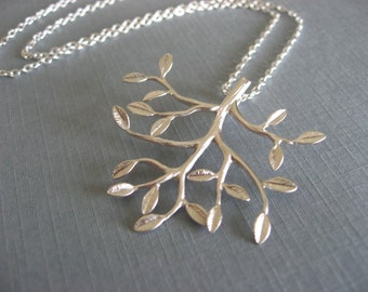 Tree Pendant, Silver Tree Necklace, Leafy Branch Necklace in Silver