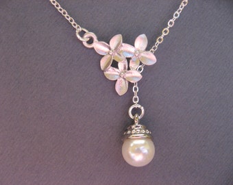 Cherry Blossom Necklace with Pearl Pendant, Everyday Casual or Bridal, Bridesmaid gift