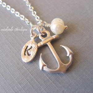 Personalized Hand Stamped Initial Anchor Necklace, Nautical Necklace, Pearl Necklace, Anchor Pendant, Anchor Jewelry