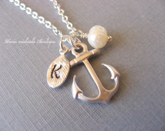 Personalized Hand Stamped Initial Anchor Necklace, Nautical Necklace, Pearl Necklace, Anchor Pendant, Anchor Jewelry