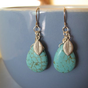 Turquoise Drop and Leaf Dangle Earrings, Everyday Casual image 3