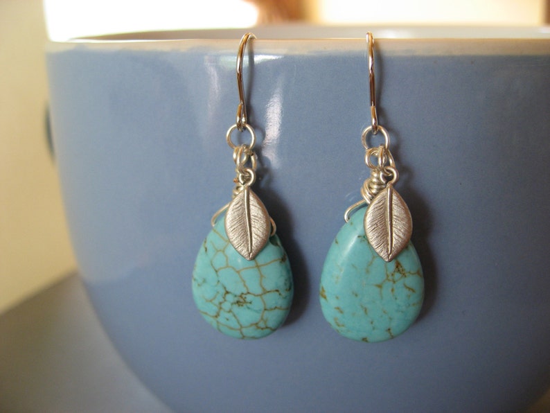 Turquoise Drop and Leaf Dangle Earrings, Everyday Casual image 3