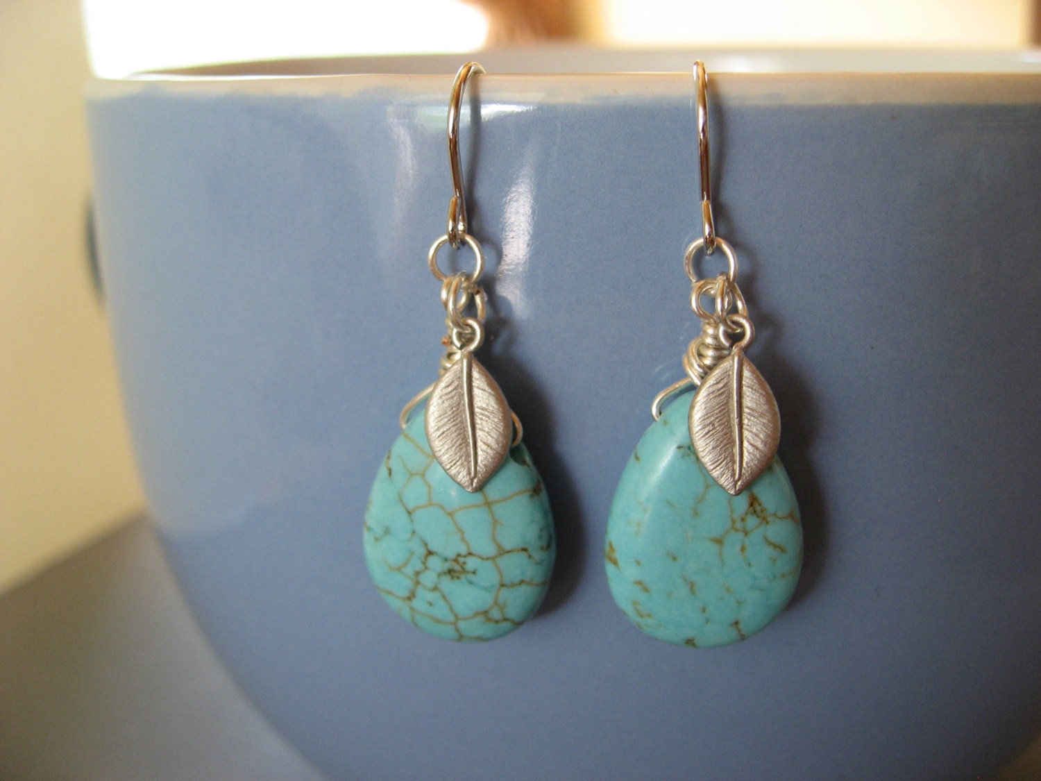 Turquoise Drop and Leaf Dangle Earrings Everyday Casual | Etsy