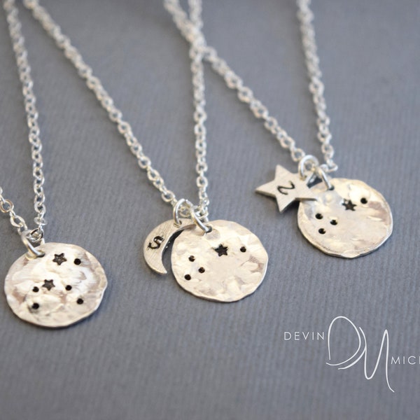 Personalized Zodiac Necklace, Silver Constellation Jewelry, Celestial Jewelry, Astrology Necklace, Stamped Disc Necklace