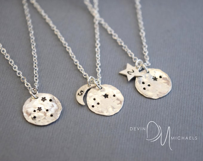 Personalized Zodiac Necklace, Silver Constellation Jewelry, Celestial Jewelry, Astrology Necklace, Stamped Disc Necklace