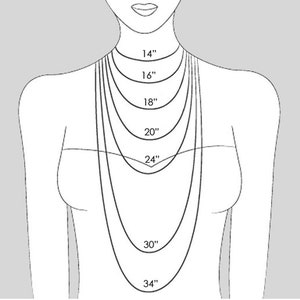 May include: Illustration of a woman's torso with several necklaces of varying lengths. The necklaces range from 14 inches to 34 inches, demonstrating how they would hang. The image is designed to help customers visualize necklace lengths.