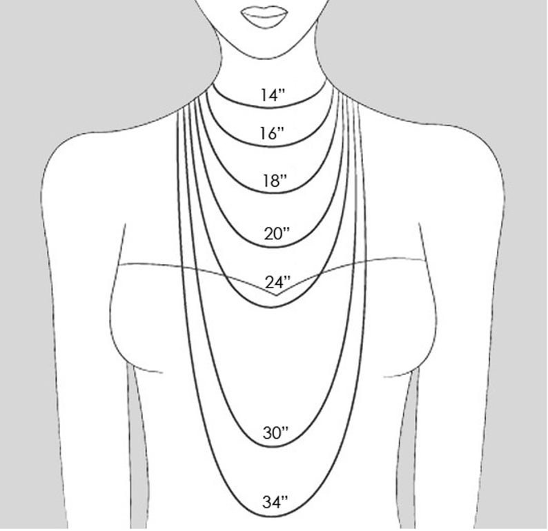 May include: Illustration of a woman's torso with several necklaces of varying lengths. The necklaces range from 14 inches to 34 inches, demonstrating how they would hang. The image is designed to help customers visualize necklace lengths.