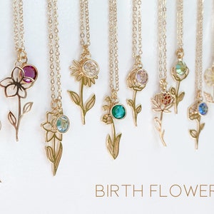 Gold Birth Flower Necklace with Birthstone, Birth Month Jewelry for Mom, Personalized Gift for Her, Flower Girl Necklace, Birthstone Gifts