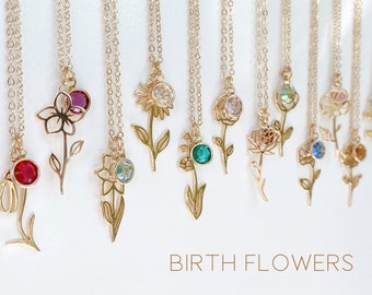 Gold Birth Flower Necklace with Birthstone, Birth Month Jewelry for Mom, Personalized Gift for Her, Flower Girl Necklace, Birthstone Gifts