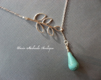 Turquoise Necklace, Silver Branch Pendant, Silver Lariat Leaf Necklace